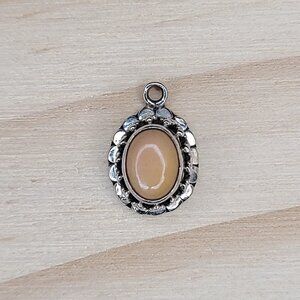 Vintage Sterling Silver Pendant Charm Yellow Jasper Oval  Cabochon Gemstone .5"